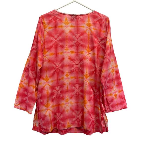 J Jill Women Top Tie Dye Pink Embroidered V Neck Boho Fairy Size MP Long Line - Picture 2 of 11